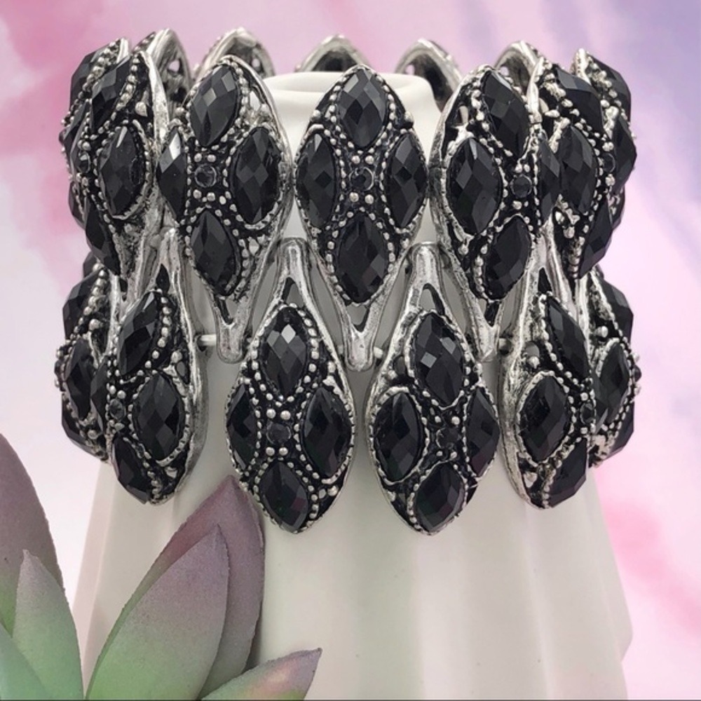 Black Rhinestone Silver Statement Stretch Bracelet